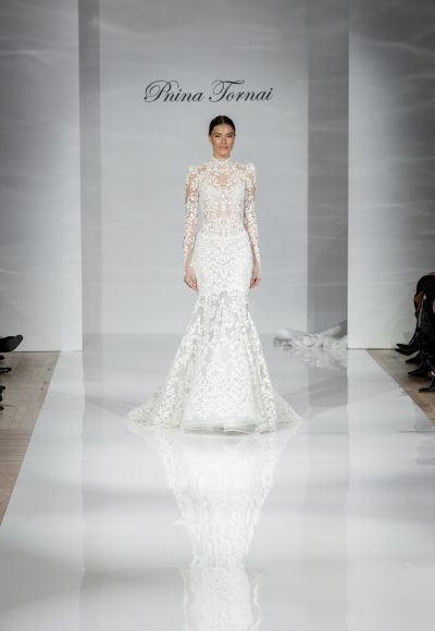 Elegant Long Sleeve Embroidered Fit-and-Flare Wedding Dress by Pnina Tornai