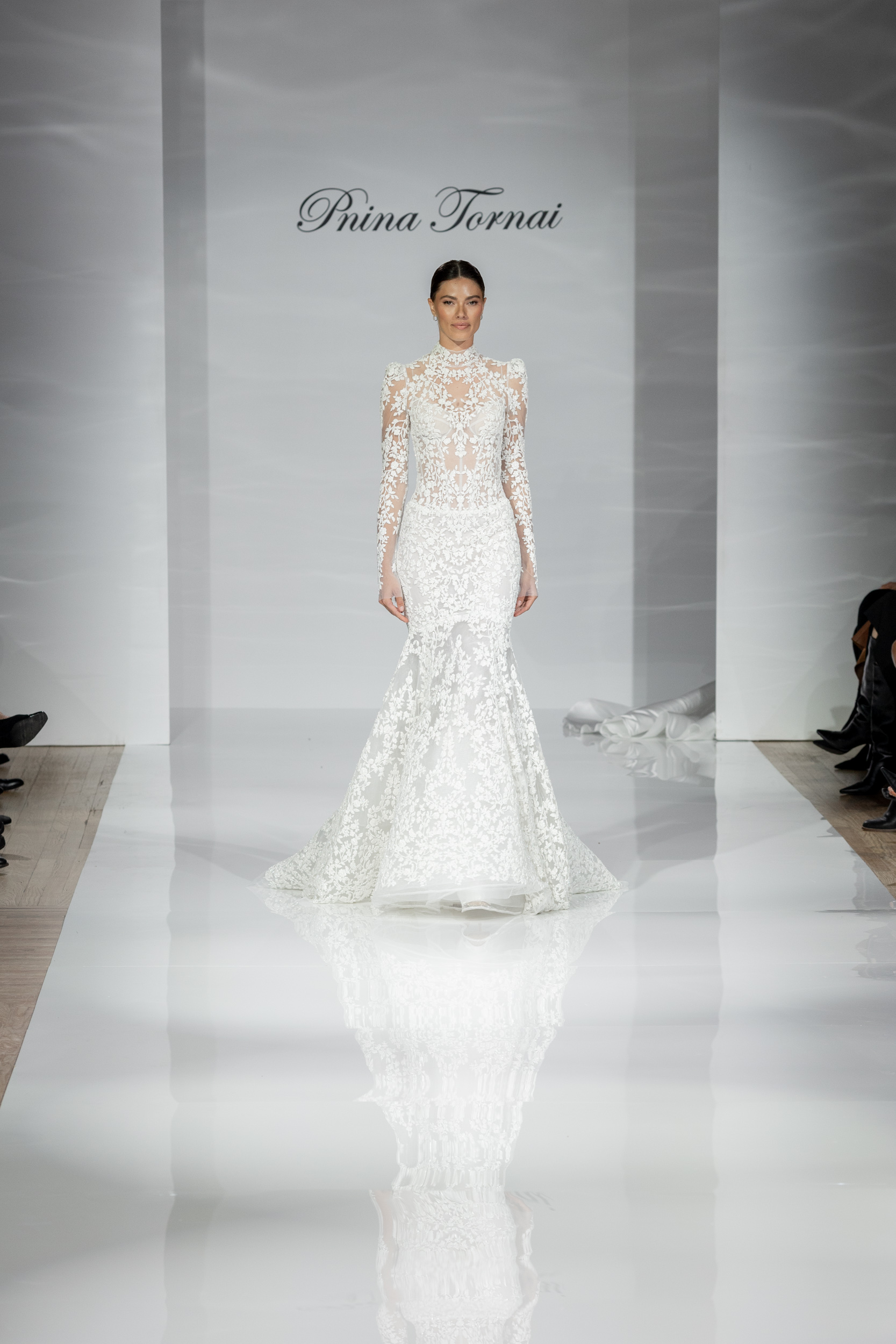 Elegant Long Sleeve Embroidered Fit-and-Flare Wedding Dress by Pnina Tornai - Image 1