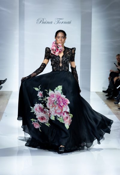 Black And Pink Floral A-Line Wedding Dress by Pnina Tornai