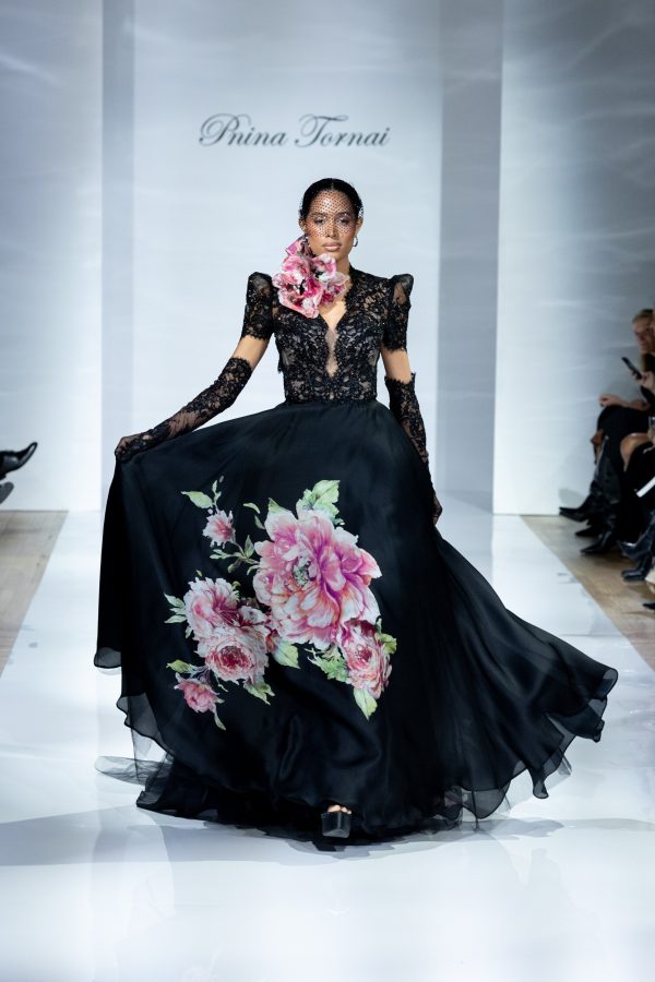 Black And Pink Floral A-Line Wedding Dress by Pnina Tornai - Image 4