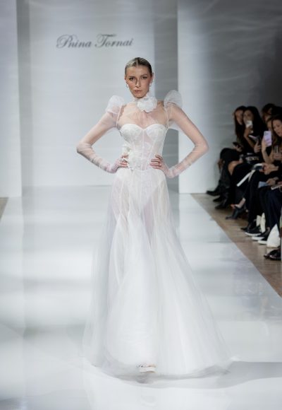 Romantic And Feminine Puff Sleeve Tulle A-Line Wedding Dress by Pnina Tornai