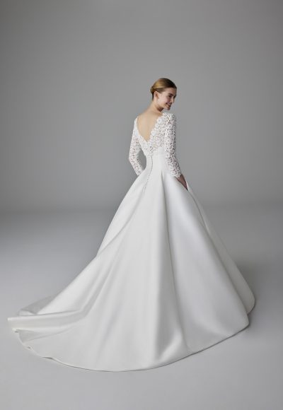 Regal And Romantic Silk Mikado Ball Gown With Detachable Lace Topper by Pronovias - Image 2