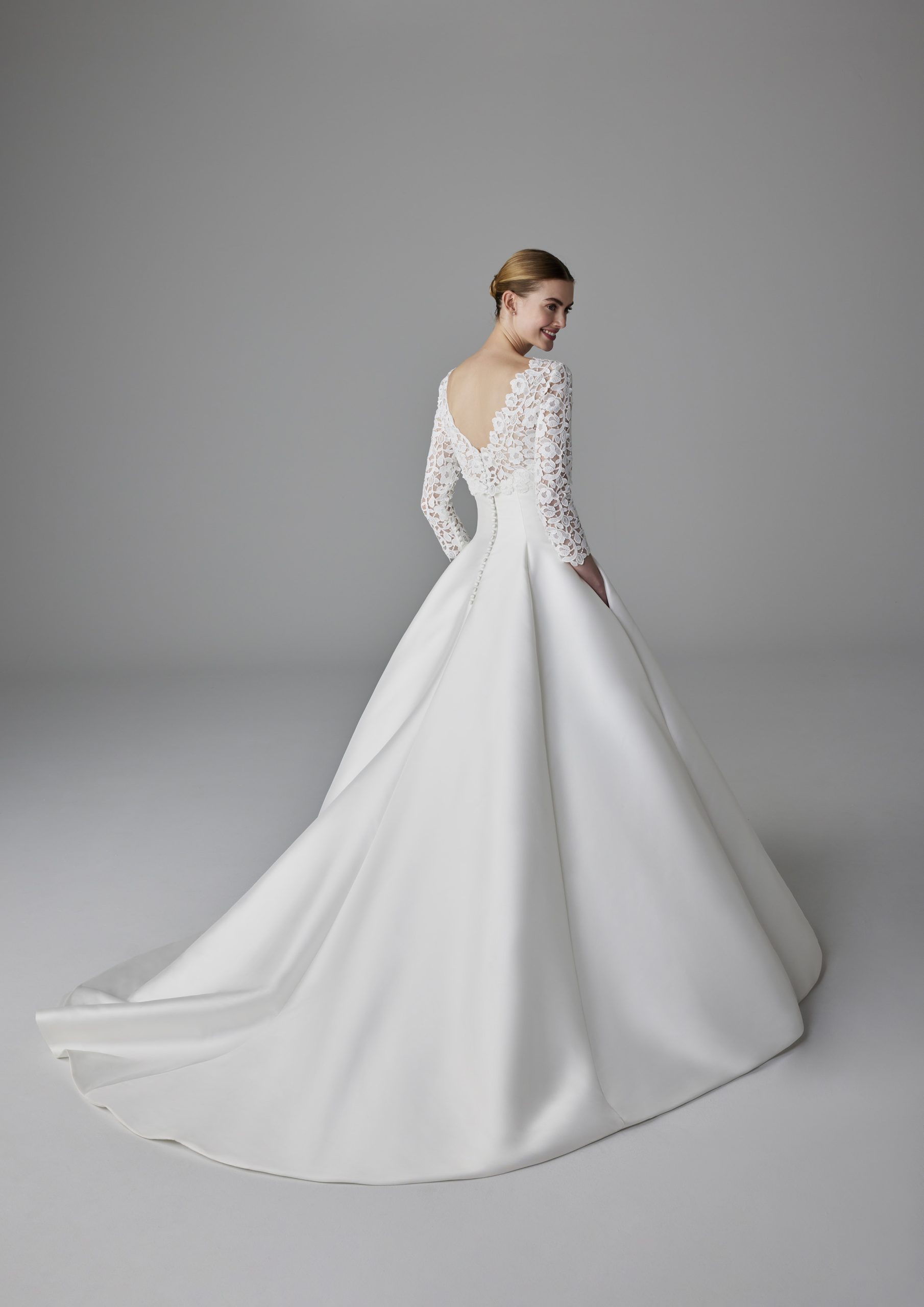 Regal And Romantic Silk Mikado Ball Gown With Detachable Lace Topper by Pronovias - Image 2