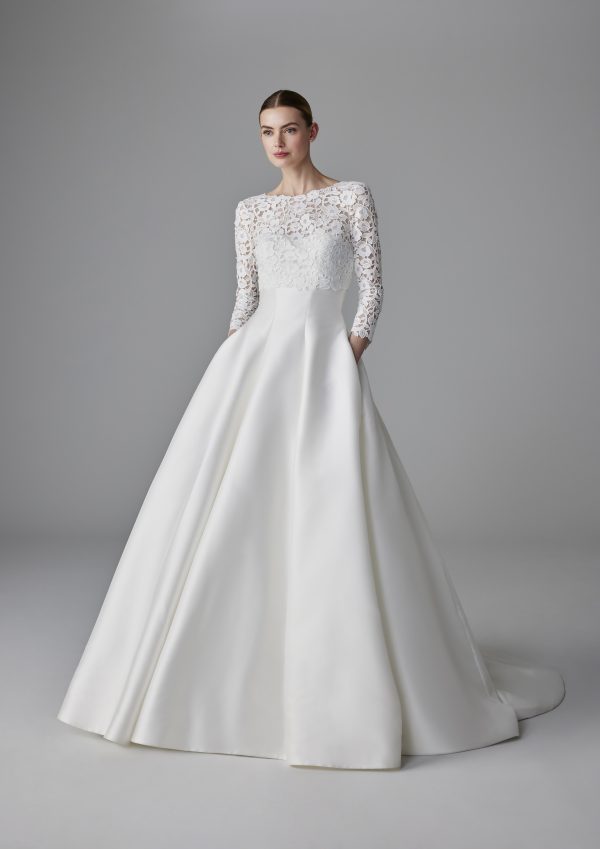 Regal And Romantic Silk Mikado Ball Gown With Detachable Lace Topper by Pronovias - Image 1