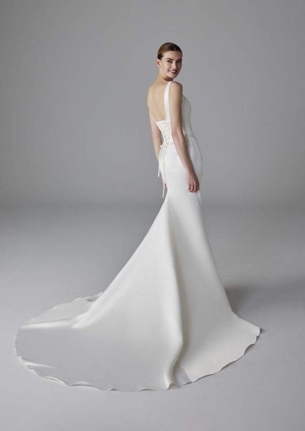 Sleek And Contemporary Square-Neck Fit-and-Flare Wedding Dress With Corset by Pronovias - Image 2