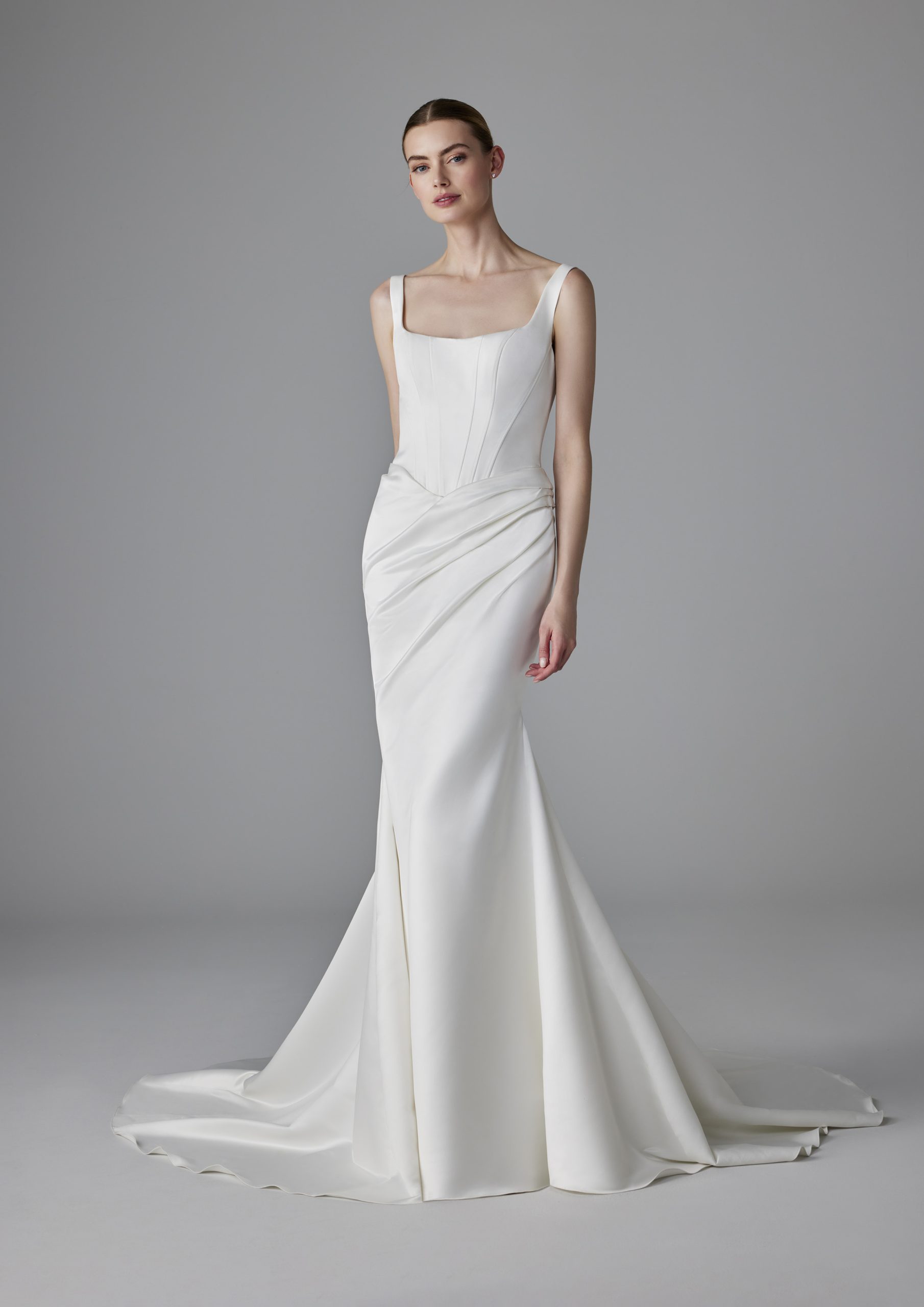 Sleek And Contemporary Square-Neck Fit-and-Flare Wedding Dress With Corset by Pronovias - Image 1