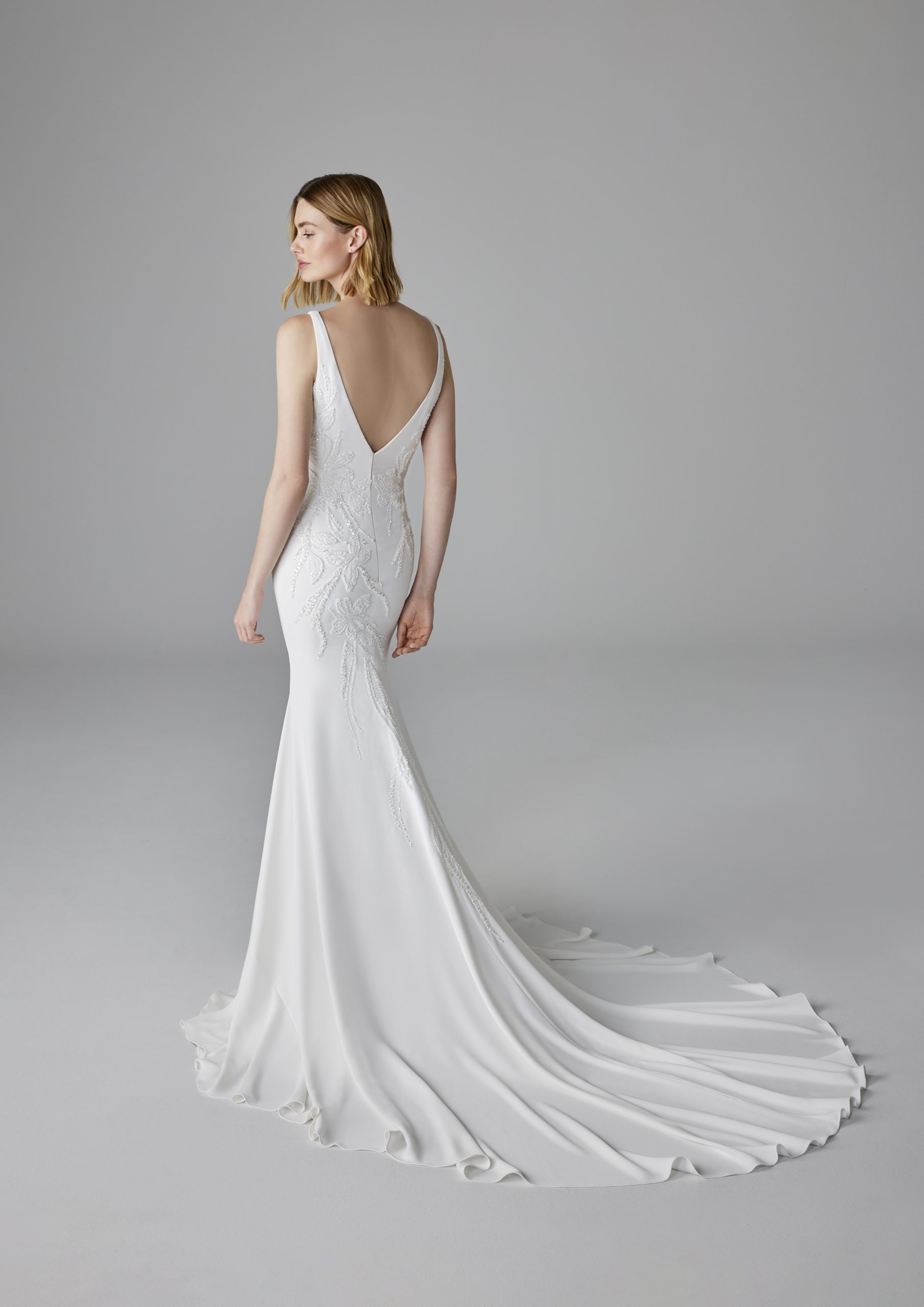 Sleek And Sophisticated V-Neck Sheath Wedding Dress by Pronovias - Image 2