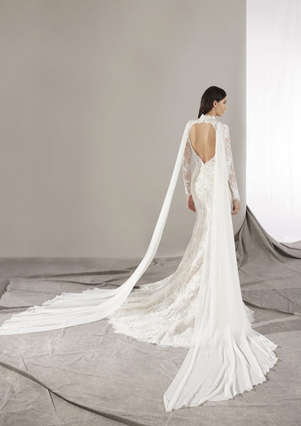 Dramatic Long Sleeve Lace Fit-and-Flare Wedding Dress With Cape by Pronovias - Image 2