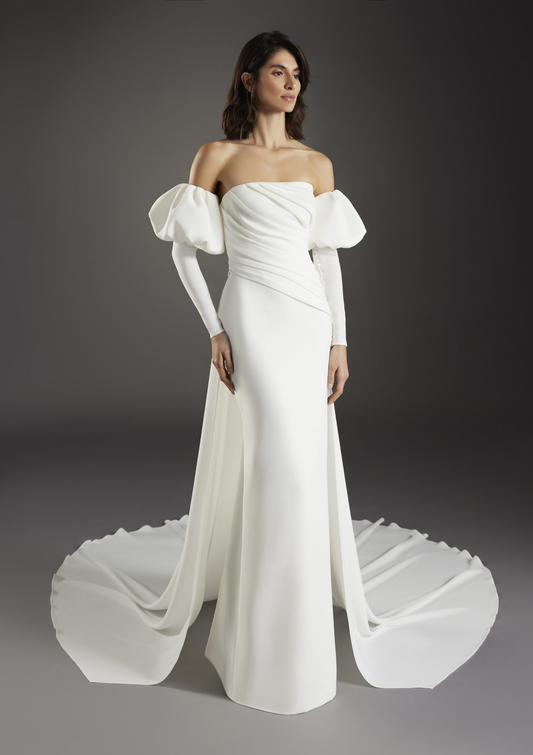 Sleek And Sophisticated Sheath Wedding Dress With Detachable Train And Puff Sleeves by Pronovias - Image 1