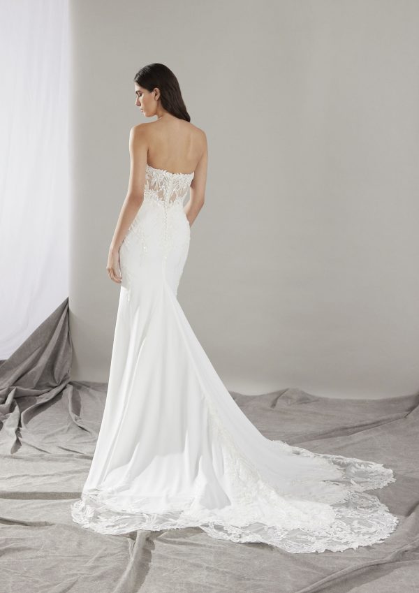 Romantic Floral Embellished Sheath Wedding Dress With Scalloped Train by Pronovias - Image 2