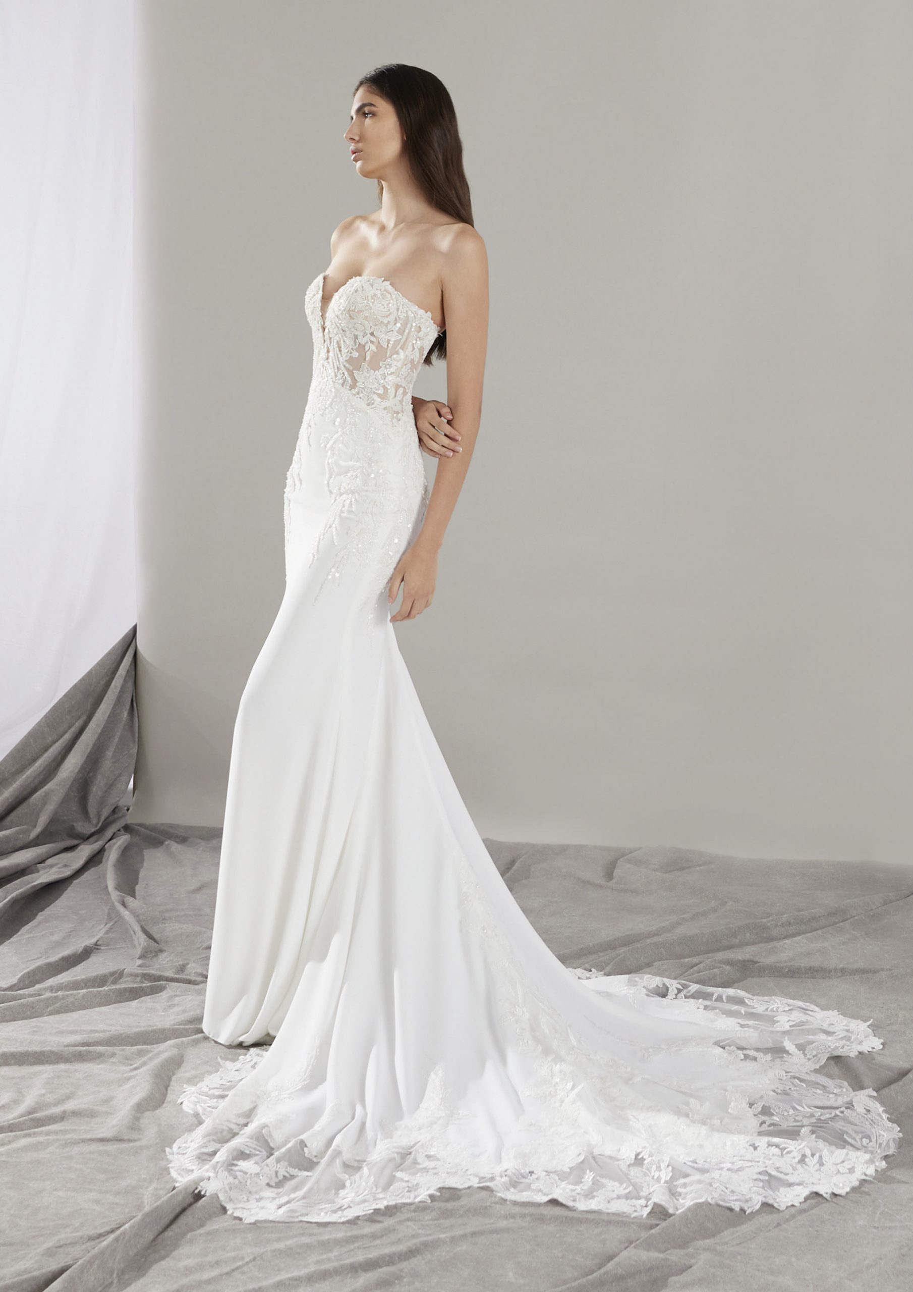 Romantic Floral Embellished Sheath Wedding Dress With Scalloped Train by Pronovias - Image 1