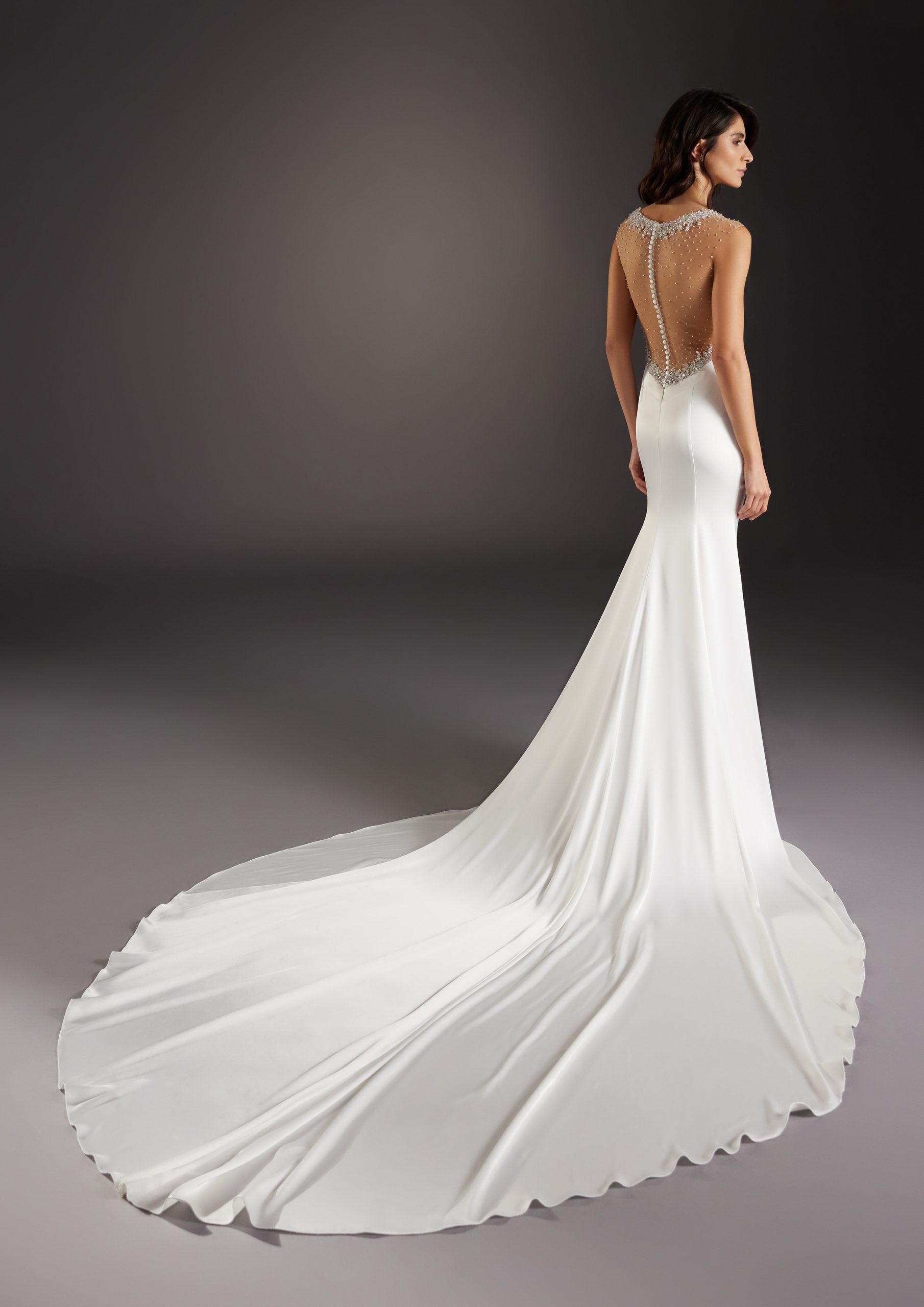 V-Neck Sheath Wedding Dress With Embellished Illusion Back by Pronovias - Image 2