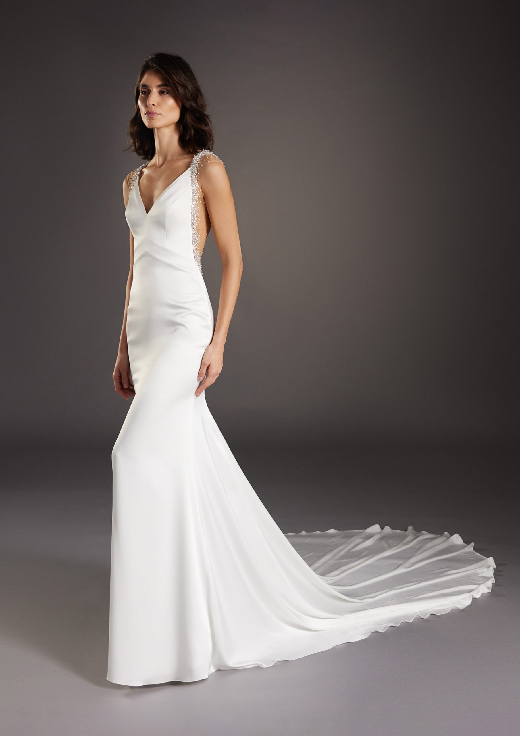 V-Neck Sheath Wedding Dress With Embellished Illusion Back by Pronovias - Image 1