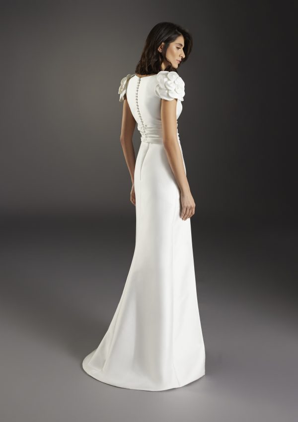 Sophisticated V-Neck Sheath Wedding Dress With Detachable Overskirt by Pronovias - Image 2