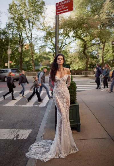 Beaded Off-the-Shoulder Long Sleeve Fit-and-Flare Wedding Dress by Love by Pnina Tornai