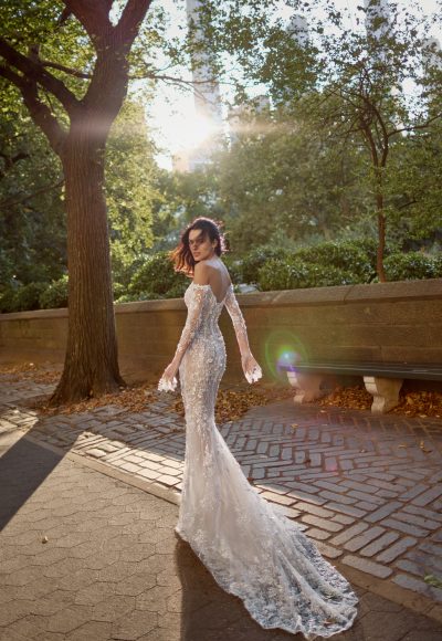 Beaded Off-the-Shoulder Long Sleeve Fit-and-Flare Wedding Dress by Love by Pnina Tornai - Image 2