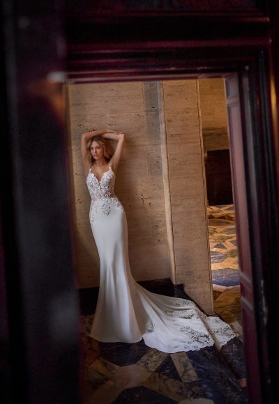 Sleek and Sexy V-Neck Fit-and-Flare Wedding Dress With Open Back by Love by Pnina Tornai