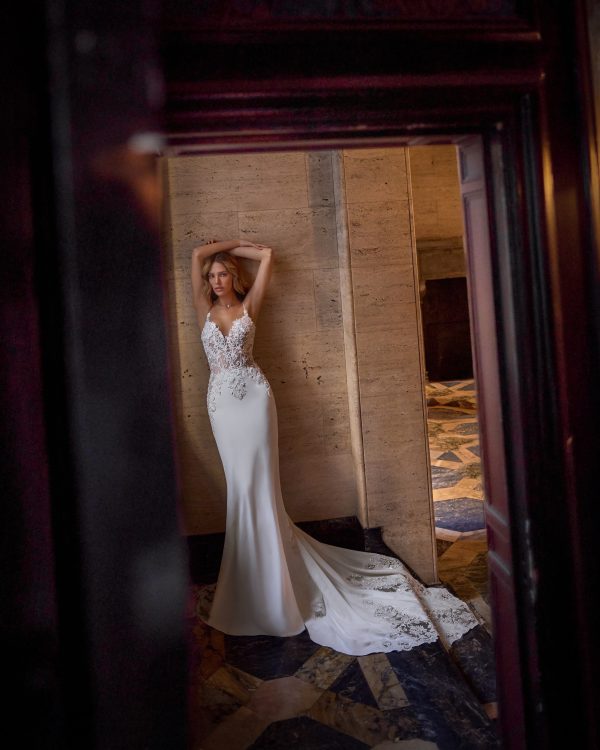 Sleek and Sexy V-Neck Fit-and-Flare Wedding Dress With Open Back by Love by Pnina Tornai - Image 1