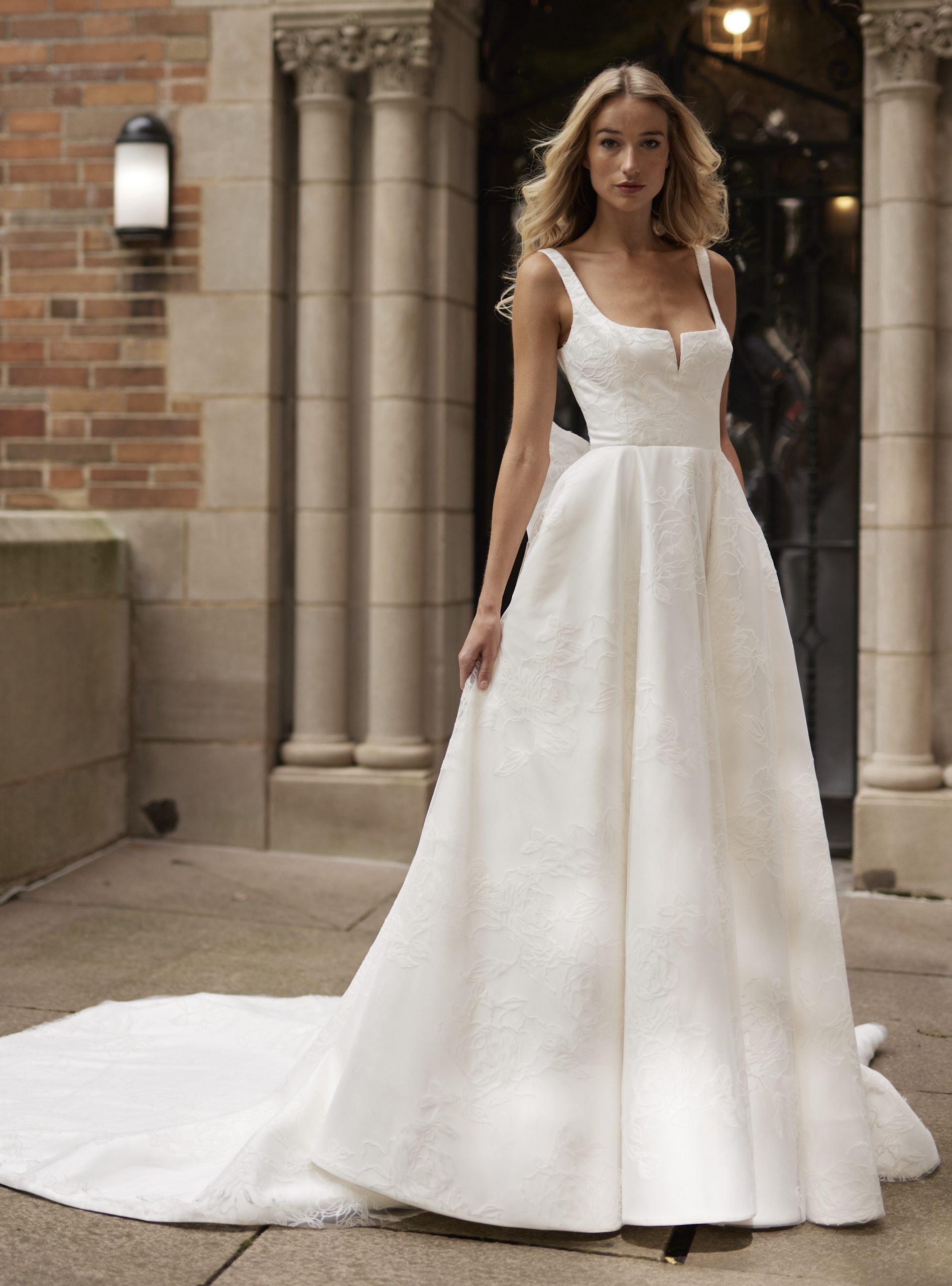 Square-Neck Floral A-Line Wedding Dress With Low Back And Bow by Verdin Bridal New York - Image 1