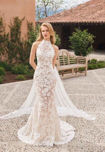 Floral Halter-Neck Fit-and-Flare Wedding Dress With Cape