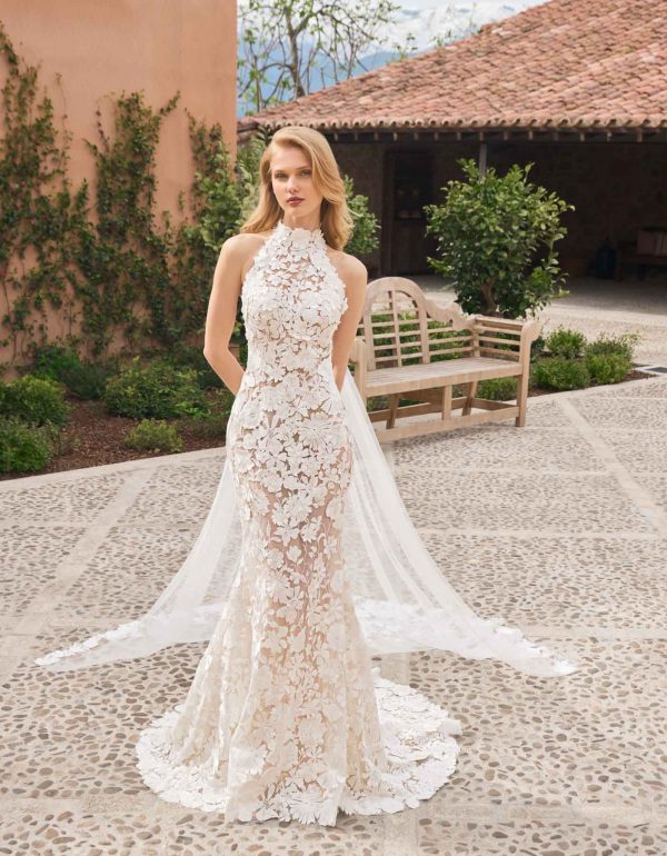 Floral Halter-Neck Fit-and-Flare Wedding Dress With Cape - Image 1