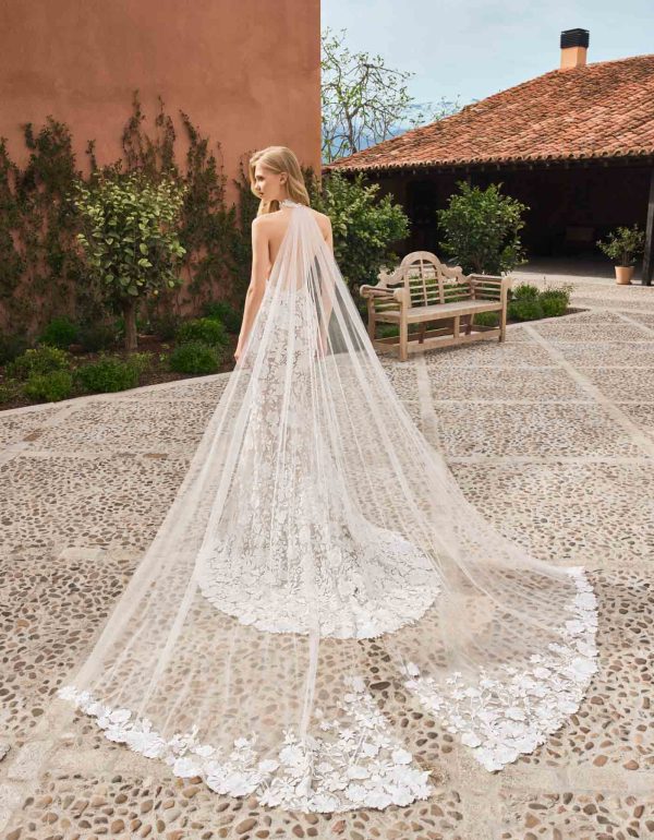 Floral Halter-Neck Fit-and-Flare Wedding Dress With Cape - Image 2