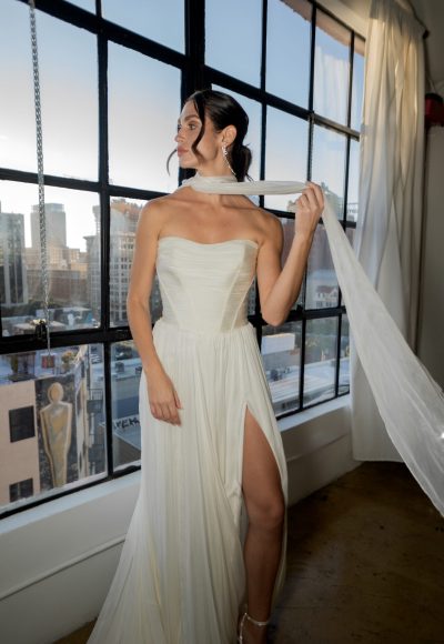 Simple Chiffon A-Line Wedding Dress With Neck Scarf And Slit by All Who Wander - Image 2