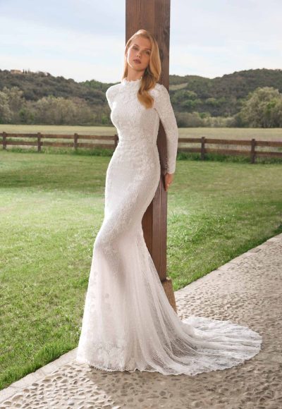 Modern And Modest Long Sleeve Fit-and-Flare Wedding Dress With Keyhole Back by Alberto Palatchi