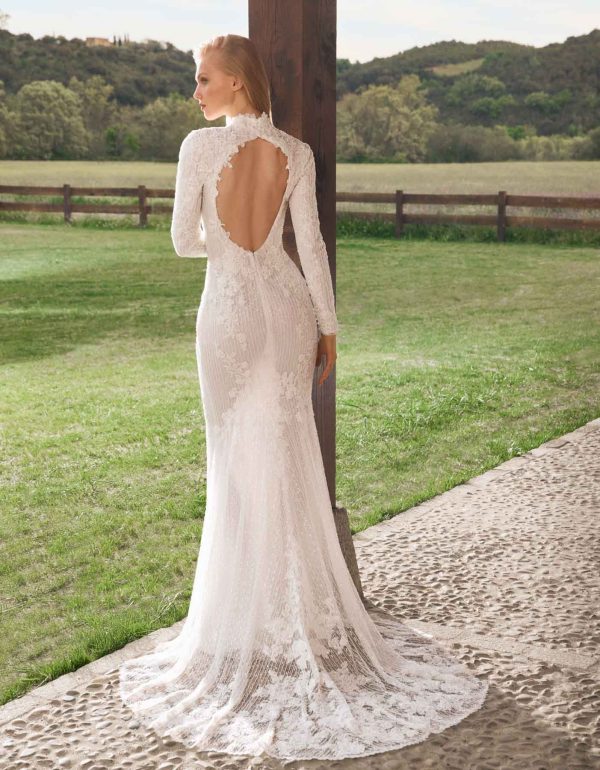 Modern And Modest Long Sleeve Fit-and-Flare Wedding Dress With Keyhole Back by Alberto Palatchi - Image 3