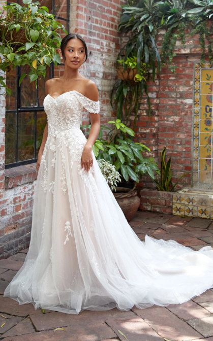 Romantic Off-the-Shoulder Floral A-Line Wedding Dress by Essense of Australia - Image 1