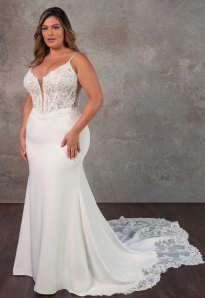 Romantic V-Neck Lace Fit-and-Flare Wedding Dress With Buttons by Essense of Australia