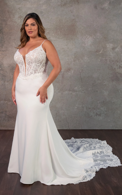 Romantic V-Neck Lace Fit-and-Flare Wedding Dress With Buttons by Essense of Australia - Image 1