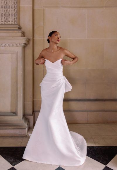 Hand-Draped Jacquard Fit-and-Flare Wedding Dress With Bow by Sareh Nouri