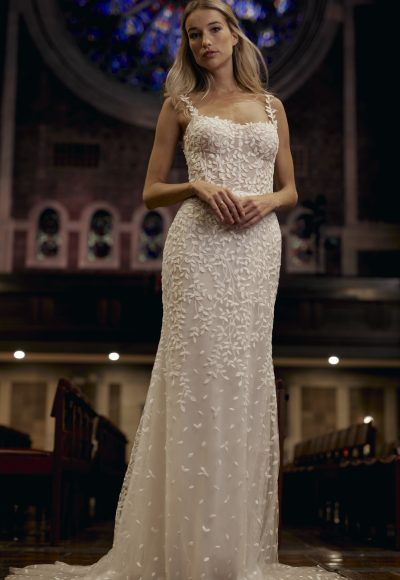 Chic And Ethereal Leaf-Embroidered Sheath Wedding Dress by Verdin Bridal New York - Image 1