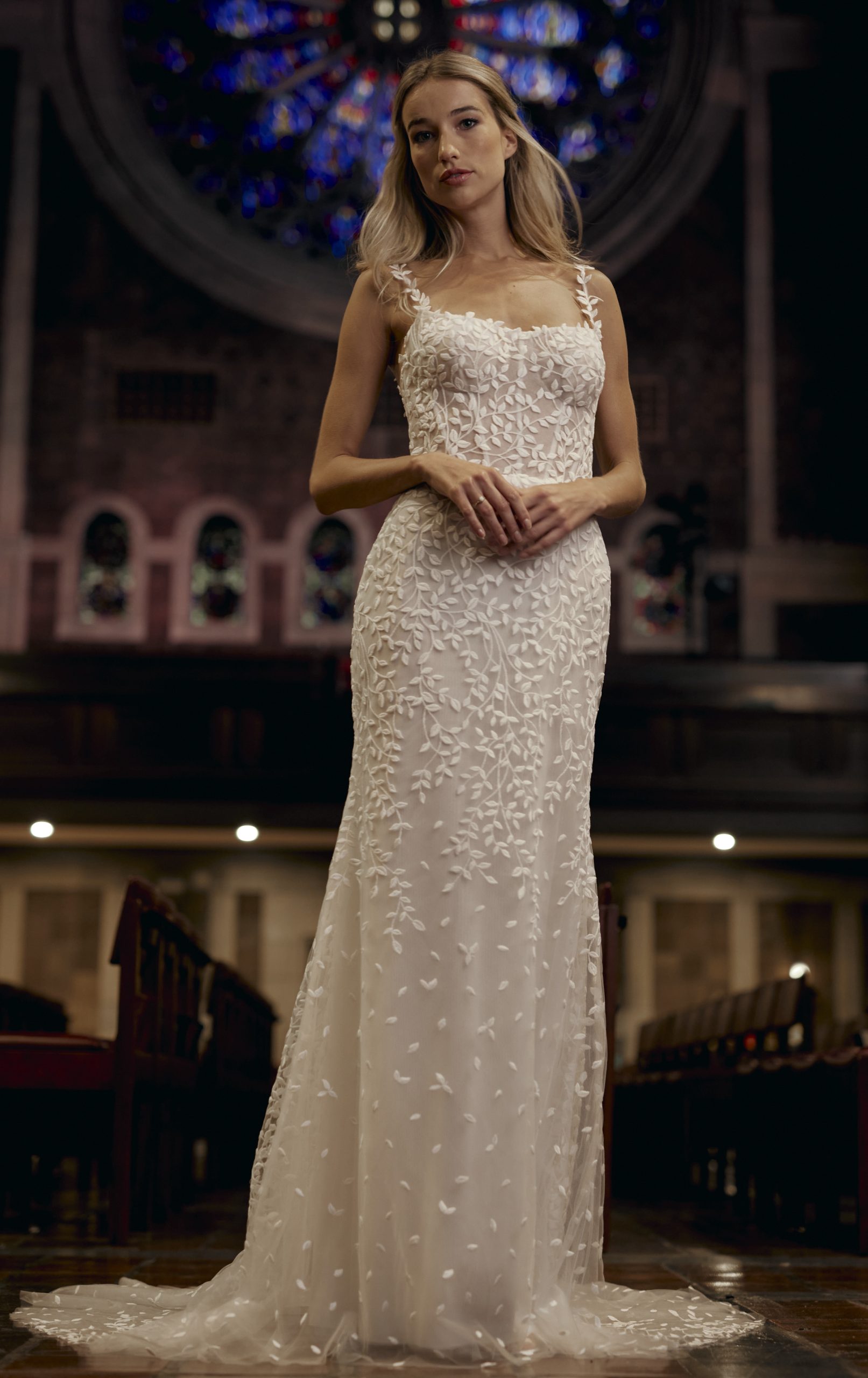 Chic And Ethereal Leaf-Embroidered Sheath Wedding Dress by Verdin Bridal New York - Image 1