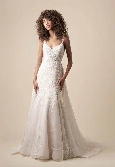 Unique and Sparkly Fit-and-Flare Wedding Dress With Overskirt by Kleinfeld Collection - Image 3