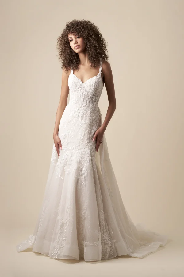 Unique and Sparkly Fit-and-Flare Wedding Dress With Overskirt by Kleinfeld Collection - Image 3