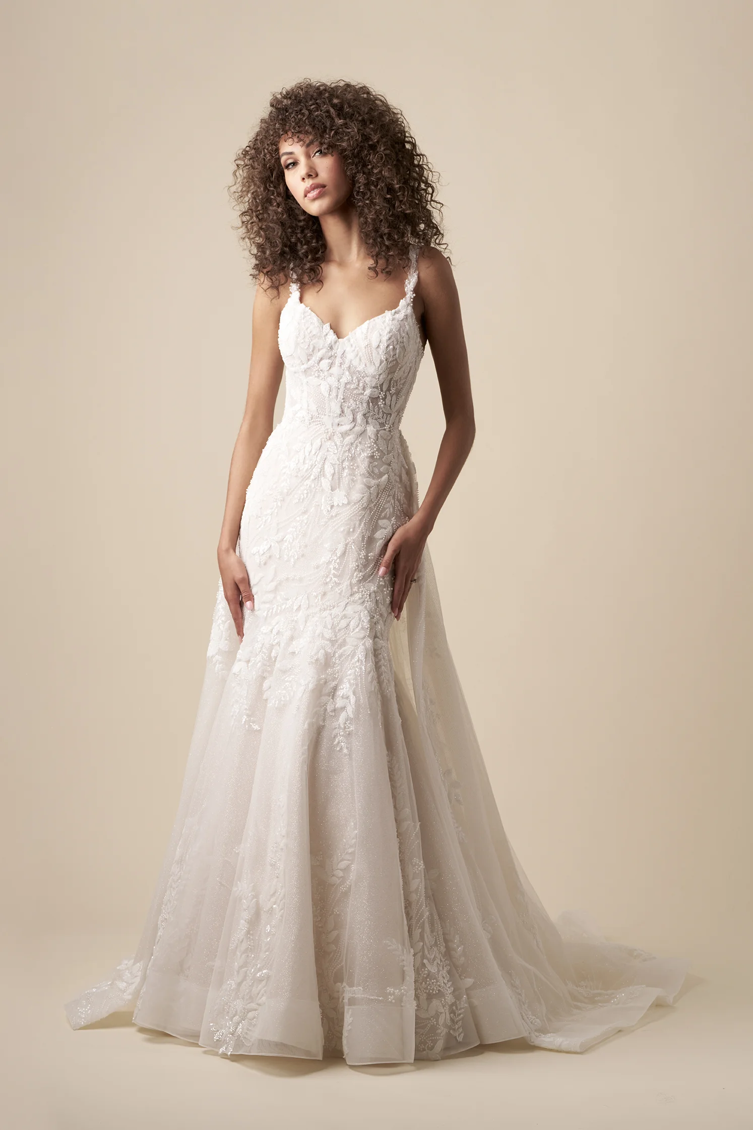 Unique and Sparkly Fit-and-Flare Wedding Dress With Overskirt by Kleinfeld Collection - Image 3