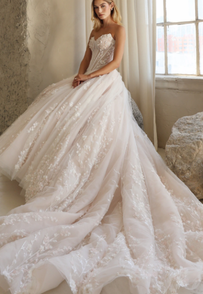 Dramatic Basque-Waist Pearl And Floral Ball Gown by Martina Liana Luxe