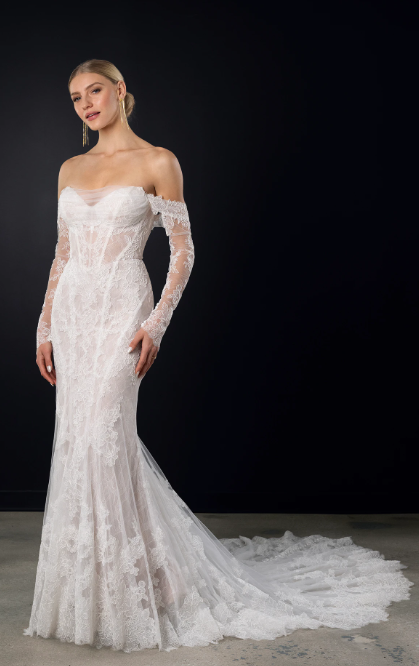 Chic And Romantic Lace Fit-and-Flare Wedding Dress With Detachable Sleeves by Martina Liana - Image 1