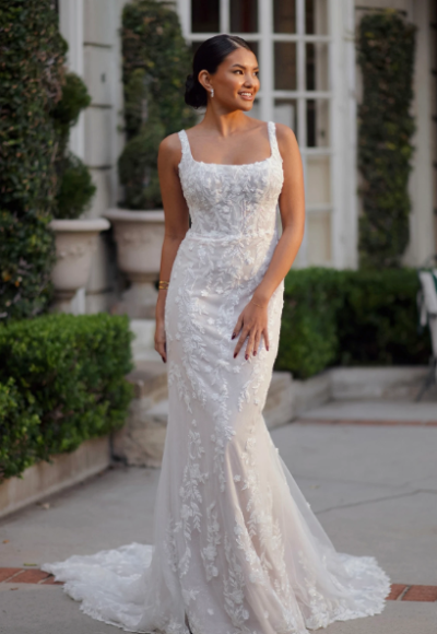 Chic And Romantic Square-Neck Floral Sheath Wedding Dress by Martina Liana