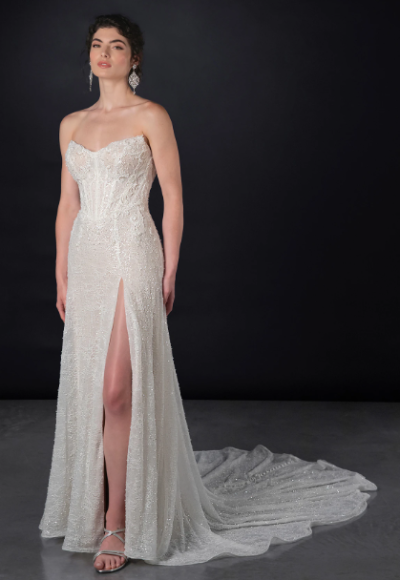 Embellished Lace Soft A-Line Wedding Dress With Buttons by Martina Liana