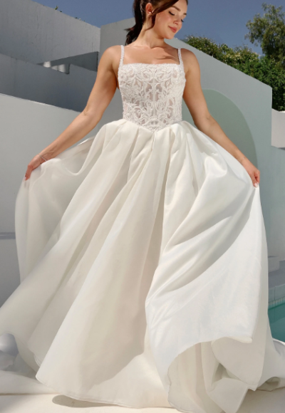 Modern And Romantic Square-Neck Ball Gown With Pearl Buttons by Martina Liana