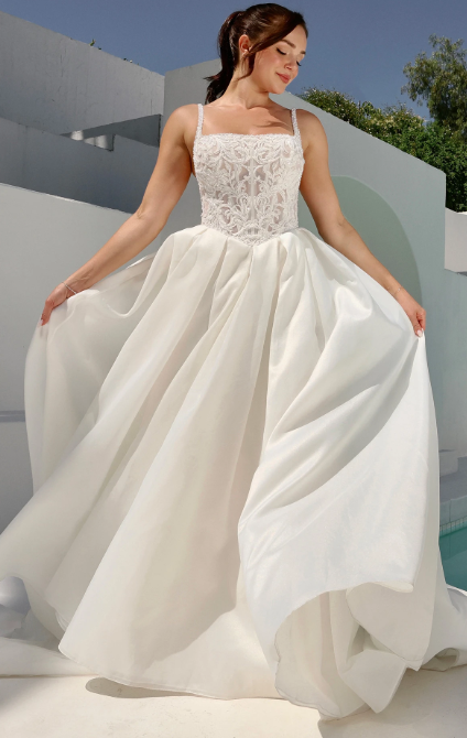 Modern And Romantic Square-Neck Ball Gown With Pearl Buttons by Martina Liana - Image 1