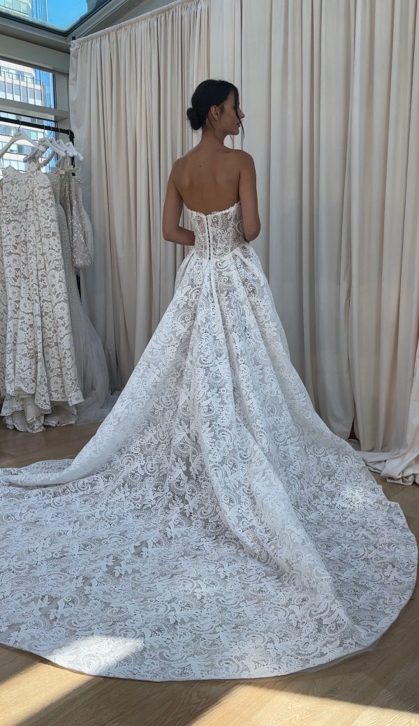 Chic And Feminine Pearl-Adorned Lace Basque-Waist Ball Gown by Netta BenShabu Elite Couture - Image 2