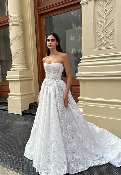 Chic And Feminine Pearl-Adorned Lace Basque-Waist Ball Gown by Netta BenShabu Elite Couture - Image 1