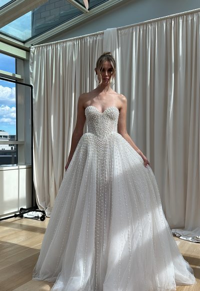 Pearl Embellished Basque-Waist Ball Gown by Netta BenShabu Elite Couture