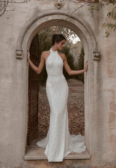 Hand-Beaded Halter-Neck Fit-and-Flare Wedding Dress With Open Back by Anna Campbell