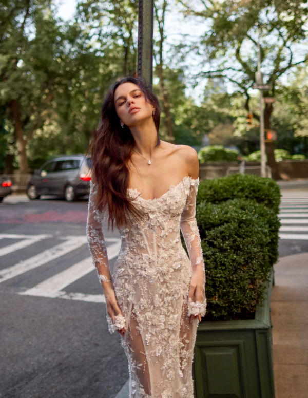 Beaded Off-the-Shoulder Long Sleeve Fit-and-Flare Wedding Dress by Love by Pnina Tornai - Image 3