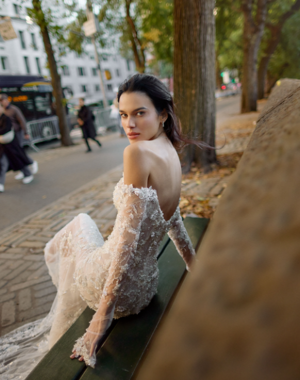 Beaded Off-the-Shoulder Long Sleeve Fit-and-Flare Wedding Dress by Love by Pnina Tornai - Image 4